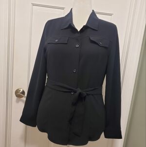 New York & Company Black Button Front With Tie Shirt Size Large